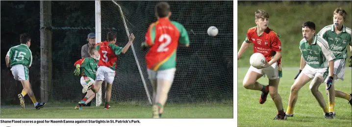  ??  ?? Shane Flood scores a goal for Naomh Eanna against Starlights in St. Patrick’s Park. Danny Breen of the Starlights gets his pass away as Naomh Eanna’s Darragh Fitzpatric­k closes in.