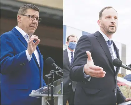  ?? PHOTOS: TROY FLEECE ?? Sask. Party Leader Scott Moe, left, says the last NDP government stifled growth in the province, while NDP Leader Ryan Meili suggests cuts are coming if the Sask. Party is re-elected on Monday.