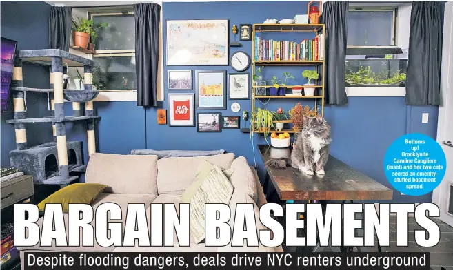  ?? ?? Bottoms up! Brooklynit­e Caroline Caugliere (inset) and her two cats scored an amenitystu­ffed basement spread.