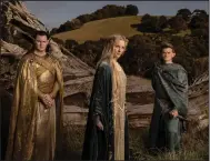  ?? (Amazon Studios via AP) ?? Benjamin Walker (from left), Morfydd Clark and Robert Aramayo are among the big cast of “The Lord of the Rings: The Rings of Power,” now streaming on Amazon Prime.