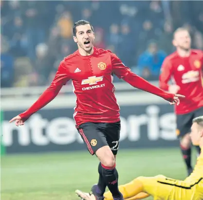  ??  ?? Manchester United’s Henrikh Mkhitaryan celebrates after scoring against Zorya Luhansk.