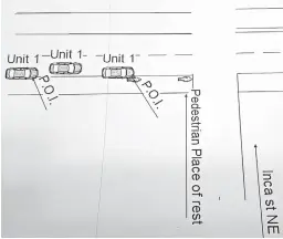  ?? SOURCE: ALBUQUERQU­E POLICE DEPARTMENT ?? A police diagram of the Feb. 9 crash that severely injured pedestrian Kerry Houlihan shows that the vehicle struck twice — noted as P.O.I. or point of impact — as it swerved onto the sidewalk.