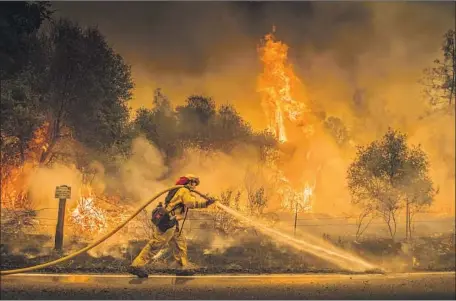  ?? Hector Amezcua Sacramento Bee ?? A FIREFIGHTE­R sprays a backburn on Cloverdale Road near Igo on Saturday as scorching heat, winds and dry conditions persisted.