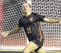  ?? Jenn March / Special to the Times Union ?? Claire Hutton celebrates after scoring a goal in a 2019 Section II Class AA semifinal. She had 37 goals and 18 assists to earn Player of the Year as an eighth grader.