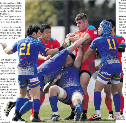  ?? Photo: Toru Hanai/Getty Images ?? Hooker Malcolm Marx (centre), seen here playing for the Kubota Spears, is one of nine Springboks set to be released by Japanese clubs outside the stipulated Test window.