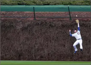  ?? The Associated Press ?? CATCH THIS: Center fielder Albert Almora Jr. goes back against the ivy-colored wall at Wrigley Field to snag Corey Seager’s first-inning drive as the Chicago Cubs down the Los Angeles Dodgers 4-0 Thursday.