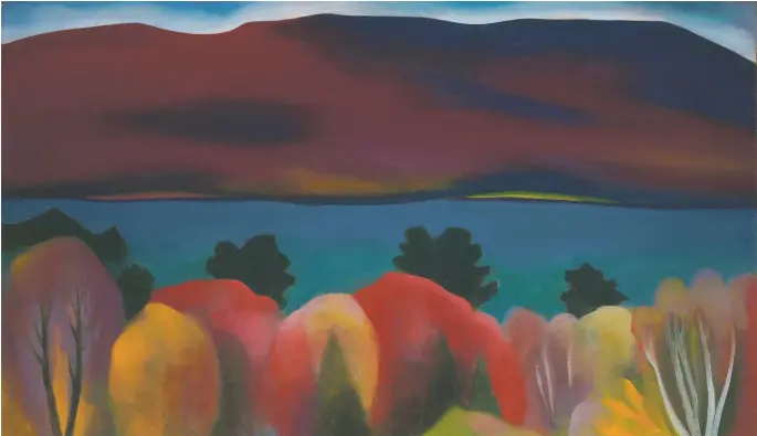  ??  ?? Georgia O’Keeffe: Lake George — Autumn, 1922, oil on canvas; opposite page, George Copeland Ault: View from Brooklyn, 1927, oil on canvas; all images from the Collection of Jan T. and Marica Vilchek; courtesy the Georgia O’Keeffe Museum