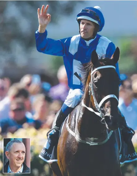  ??  ?? Hugh Bowman on board Winx and (inset) the champion mare’s Queensland owner Peter Tighe. Main picture: AAP IMAGE