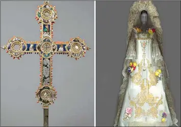  ?? Courtesy of The Metropolit­an Museum of Art ?? A Reliquary Cross (left) and the Wedding Ensemble from Christian Lacroix’s 2009 autumn/winter collection are part of 41 pieces on loan from the Sistine Chapel sacristy to the Metropolit­an Museum of Art. The Met’s exhibit is called “Heavenly Bodies: Fashion and the Catholic Imaginatio­n.”