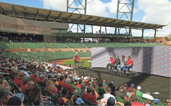  ?? ROB SCHUMACHER/THE REPUBLIC ?? Former Diamondbac­ks players Randy Johnson and Luis Gonzalez and former manager Bob Brenly hold a Q&A session Monday at Salt River Fields near Scottsdale.