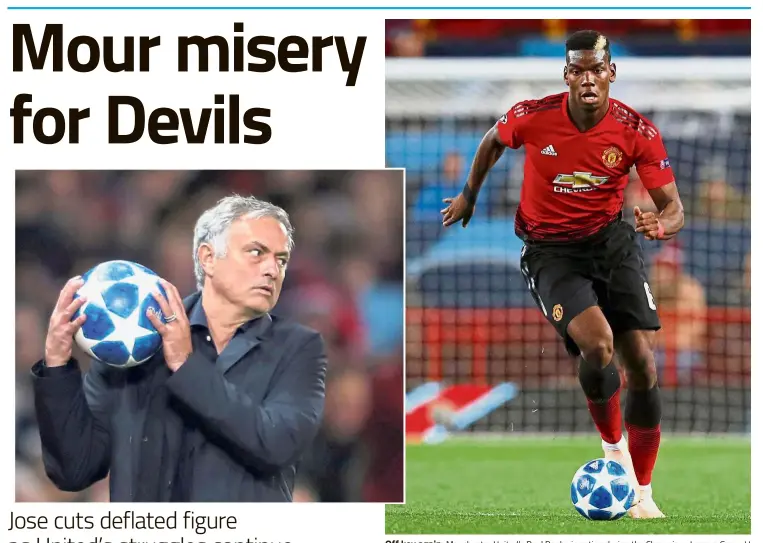  ?? — Reuters ?? Off key again: Manchester United’s Paul Pogba in action during the Champions League Group H match against Valencia at Old Trafford on Tuesday. Inset: United boss Jose Mourinho.