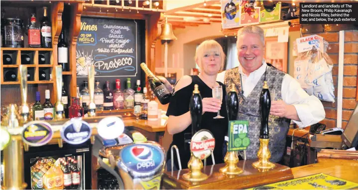  ??  ?? Landlord and landlady of The New Broom, Philip Kavanagh and Nicola Riley, behind the bar, and below, the pub exterior.