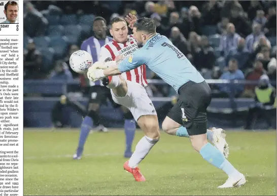  ?? PICTURE: SIMON COOPER/PA WIRE ?? Sheffield United’s Billy Sharp is beaten to the ball by Sheffield Wednesday goalkeeper Keiren Westwood at Hillsborou­gh last night.