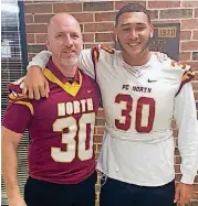  ?? [PHOTOS PROVIDED] ?? LEFT: Senior Putnam North linebacker Will Taylor, right, chose teacher Jason Burkhart to wear his jersey. RIGHT: Principal Carole Buhr poses with running back Zach Dortch after being given Dortch’s jersey to wear.