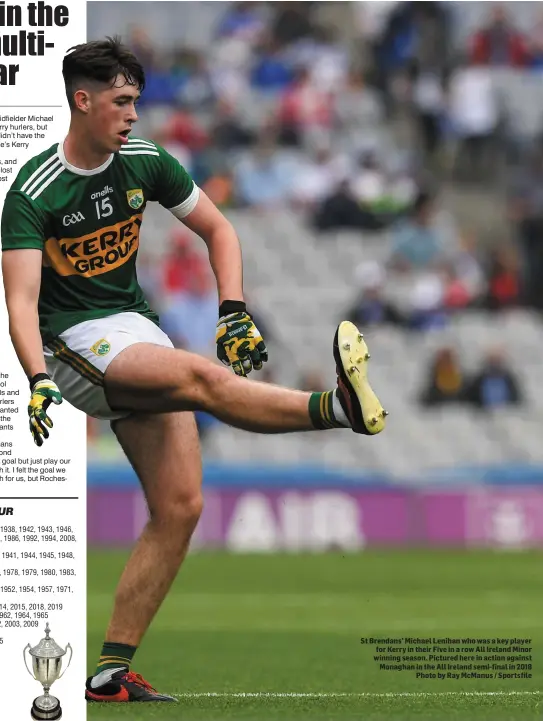  ??  ?? St Brendans’ Michael Lenihan who was a key player for Kerry in their Five in a row All Ireland Minor winning season. Pictured here in action against Monaghan in the All Ireland semi-final in 2018 Photo by Ray McManus / Sportsfile