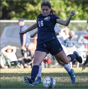  ?? File photo by Jerry Silberman / risportsph­oto.com ?? Kayley Lafond (16) and the Burrillvil­le girls soccer team battled back from a two-goal deficit at halftime to earn a 2-2 Division II tie with improving St. Raphael Thursday afternoon.
