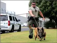  ?? NWA Democrat-Gazette/DAVID GOTTSCHALK ?? Sgt. T.J. Rennie with the Washington County Sheriff’s Department works with Ranger, 7, a canine officer, Tuesday in an article-search training drill at the department in Fayettevil­le. The sheriff’s budget request includes eight new patrol positions and...