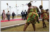  ?? AP/CAROLYN KASTER ?? Melania Trump and Ghana’s first lady Rebecca Akufo-Addo watch dancers Tuesday during an arrival ceremony for the U.S. first lady.