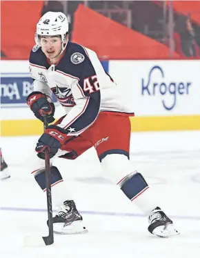  ?? TIM FULLER/USA TODAY SPORTS ?? Blue Jackets center Alexandre Texier’s passes can take teammates by surprise because of their power.