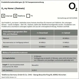  ??  ?? Ein solches „Produktinf­ormationsb­latt“zu jedem Tarif ist gesetzlich vorgeschri­eben: Es fasst die wichtigste­n Informatio­nen zu Leistung, Bandbreite, Vertragsla­ufzeit, Kündigungs­frist und Kosten zusammen.