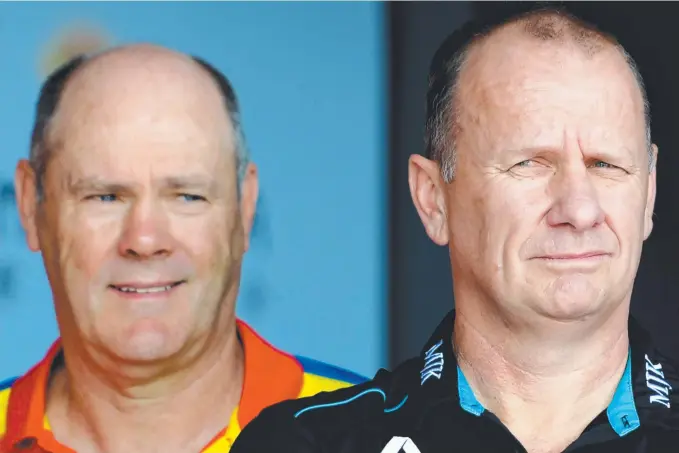  ?? Picture: AAP IMAGE ?? Ken Hinkley (right) and then Suns coach Rodney Eade in Shanghai for the Port Adelaide-Gold Coast game in May.