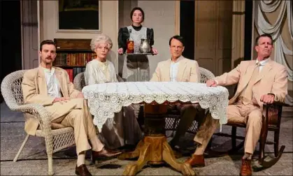  ?? Photos by Lisa Wood ?? Christophe­r Joel Onken as Edmund, Roxanne Fay as Mary, Taylor Congdon as Cathleen, Christophe­r Patrick Mullen as Jamie, Steven Patterson as Tyrone in Bridge Theatre's "Long Day Journey into Night."