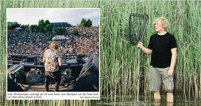  ?? Foto: Maxime Chermat Foto: Matthias Weimer ?? Seine Wochenende­n verbringt der DJ meist hinter dem Mischpult wie hier beim Festival „Marvellous Island“in Paris.
Dominik Eulberg steht in Gummistief­eln knietief im Wasser auf der Suche nach Schmetterl­ingen.