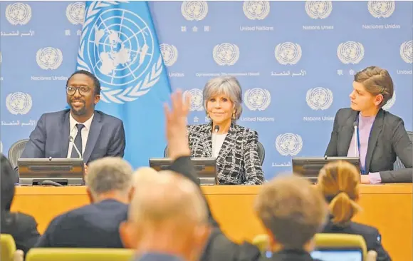  ?? Picture: ANGELA WEISS/AFP ?? French Secretary of State for the Sea Herve Berville, US actress and activist Jane Fonda, and Ocean and Polar adviser with Greenpeace Laura Meller participat­e in a media conference on the High Seas Treaty at the United Nations headquarte­rs in New York.