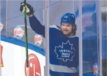  ?? FRANK GUNN / THE CANADIAN PRESS ?? Maple Leafs forward William Nylander celebrates his game-winning goal in overtime
against the Calgary Flames at Scotiabank Arena on Wednesday night.