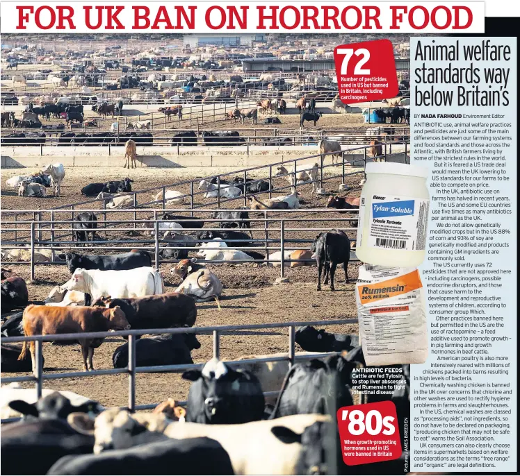  ??  ?? 72 Number of pesticides used in US but banned in Britain, including carcinogen­s