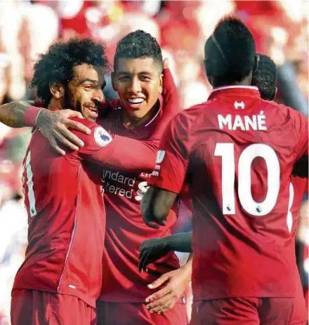  ??  ?? Mohamed Salah (left), Roberto Firmino and Sadio Mane have a combined tally of only 38 league goals after 27 matches this season.