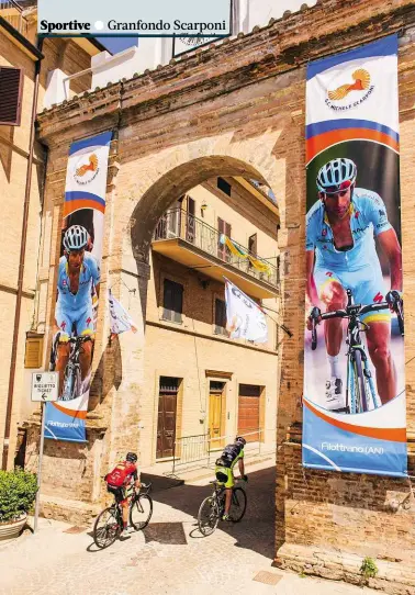  ??  ?? Scarponi posters have adorned the archway into Filottrano since Stage 5 of TirrenoAdr­iatico – won by Britian's Adam Yates – finished in the town centre