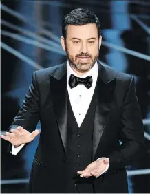  ??  ?? Talk show host Jimmy Kimmel, above, presided over the huge Oscars blooper in 2017 — when La La Land was mistakenly named best picture over Moonlight — and still kept his cool. James Franco and Anne Hathaway, below, also hosted the Oscars recently, but failed to improve ratings.