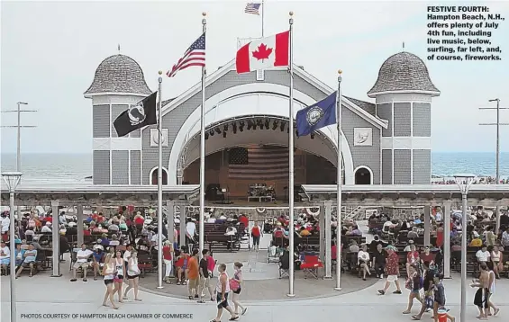  ?? PHOTOS COURTESY OF HAMPTON BEACH CHAMBER OF COMMERCE ?? FESTIVE FOURTH: Hampton Beach, N.H., offers plenty of July 4th fun, including live music, below, surfing, far left, and, of course, fireworks.