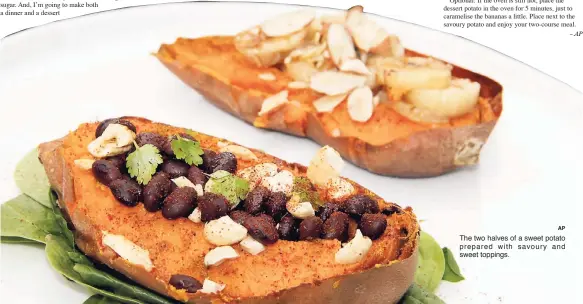  ?? AP ?? The two halves of a sweet potato prepared with savoury and sweet toppings.