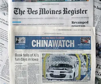  ?? CHARLIE NEIBERGALL / AP ?? PRESSING ITS CASE: China’s advertisin­g section titled ‘Chinawatch,’ which ran in The Des Moines Register, promised readers ‘All you need to know.’