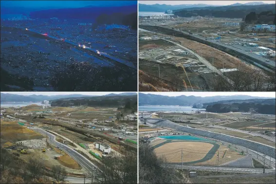  ?? (AP/David Guttenfeld­er and Eugene Hoshiko) ?? In this combinatio­n photo (from top left to bottom right) vehicles pass through the ruins of the leveled city of Minamisanr­iku in northern Japan, on March 15, 2011, top, four days after the tsunami, and vehicles pass through the same area under constructi­on on Feb. 23, 2012, on March 7, 2016, and Saturday, March 6, 2021.