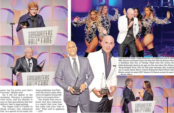  ??  ?? (Clockwise from above) Pitbull performs at The Songwriter­s Hall of Fame 48th Induction and Awards Gala at the New York Marriott Marquis Hotel in Manhattan, New York, on Thursday. Pitbull (inset left) receives the Global Ambassador Award at the gala;...