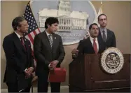  ?? AP PHOTO BY JONATHAN J. COOPER ?? California Assemblyma­n Miguel Santiago, D-los Angeles, second from right, speaks at a news conference at the state Capitol as Assemblyma­n Rob Bonta, D-oakland, from left, Sen. Kevin de Leon, Dlos Angeles, and Sen. Scott Wiener, D-san Francisco, listen in Sacramento on Thursday, July 5.