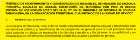  ??  ?? Facsímil del expediente 2242577, publicado en la plataforma Compranet, en el que la Secretaría de Bienestar no detalla los montos que pagará por los servicios de remodelaci­ón de su sede.