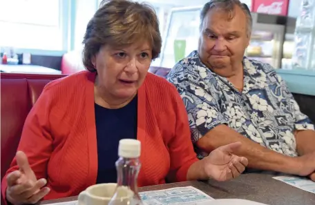  ?? JIM MICHAUD PHOTOS / BOSTON HERALD ?? GIVING THEIR TWO CENTS: At the Airport Diner, Anne Belinsky and her husband Richard of Manchester speak about President Trump, and his upcoming rally. Below, Russell and Maureen Croteau of Northwood talk about the rally. At right, Michael Romley of Hudson weighs in.