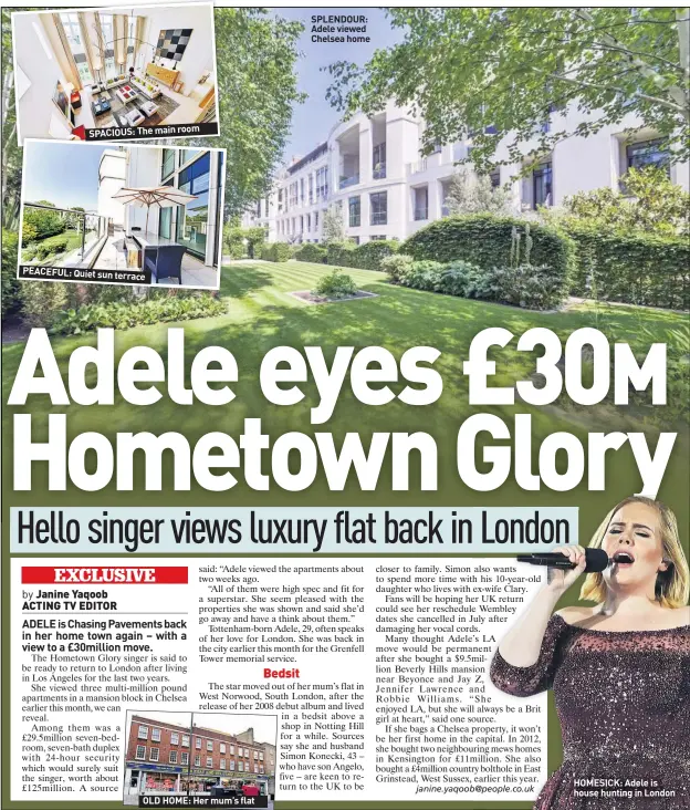  ??  ?? SPACIOUS: The main room PEACEFUL: Quiet sun terrace OLD HOME: Her mum’s flat SPLENDOUR: Adele viewed Chelsea home HOMESICK: Adele is house hunting in London
