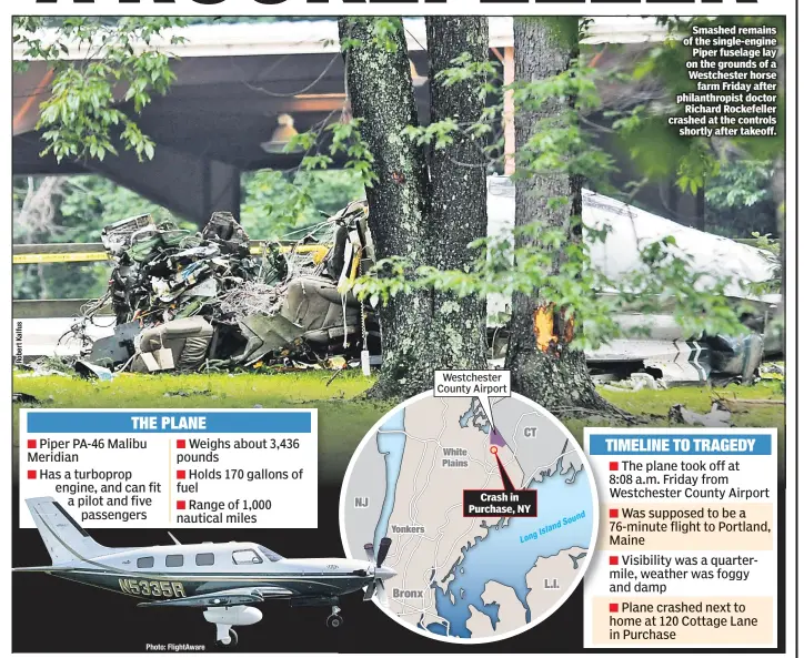  ??  ?? Smashed remains of the single-engine Piper fuselage lay on the grounds of a Westcheste­r horse farm Friday after philanthro­pist doctor Richard Rockefelle­r crashed at the controls shortly after takeoff.