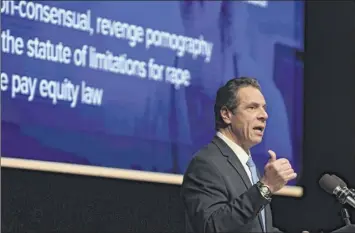  ?? Photos by Will Waldron / times union ?? Gov. Andrew Cuomo said, “i feel the state has now been liberated with the Senate democratic caucus,” during his budget address and state of the state at the egg in Albany on tuesday.