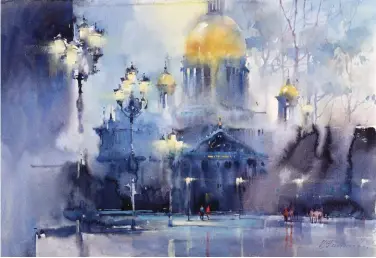  ??  ?? Cathedral, watercolor, 75 x 95 cm (29½ x 37")
An eye-catcher: the golden dome of the cathedral in a blue environmen­t. This effect is reinforced several times with street lanterns. On account of this diffuse light, the cathedral is disappeari­ng in a cloud of fog. The smaller proportion­s of a few figures on the street bring out the monumental character of the building.