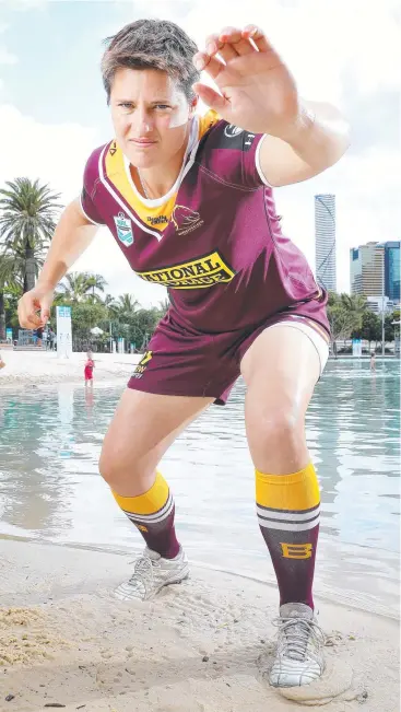  ?? Picture: LIAM KIDSTON ?? LONG CAREER: Brisbane Bronco Heather Ballinger in a menacing mood at South Bank in the lead up to the 2018 NRLW Grand Final.