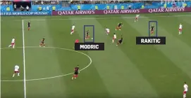  ??  ?? Rakitic has pressed into an advanced position as Denmark give away the ball against Croatia and Modric sweeps it up