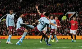  ??  ?? Tyrone Mings scores Aston Villa’s equaliser in a game where the visitors took the lead first against Manchester United. Photograph: Phil Noble/Reuters