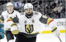  ?? Marcio Jose Sanchez ?? The Associated Press Golden Knights defenseman Deryk Engelland skates against the Sharks on Thursday in San Jose, Calif. He sat out Saturday’s loss to the Colorado Avalanche for an unspecifie­d reason.