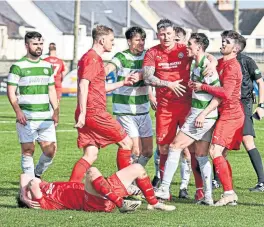  ?? ?? Tempers flared midway through the second half as Brora beat Buckie to win the Highland League Cup